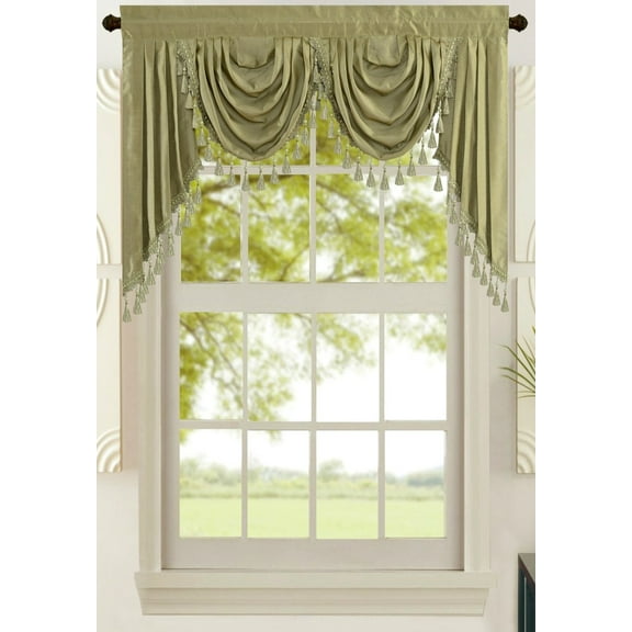 All American Collection New Attached Solid Faux Silk Double Waterfall Valance with Tails
