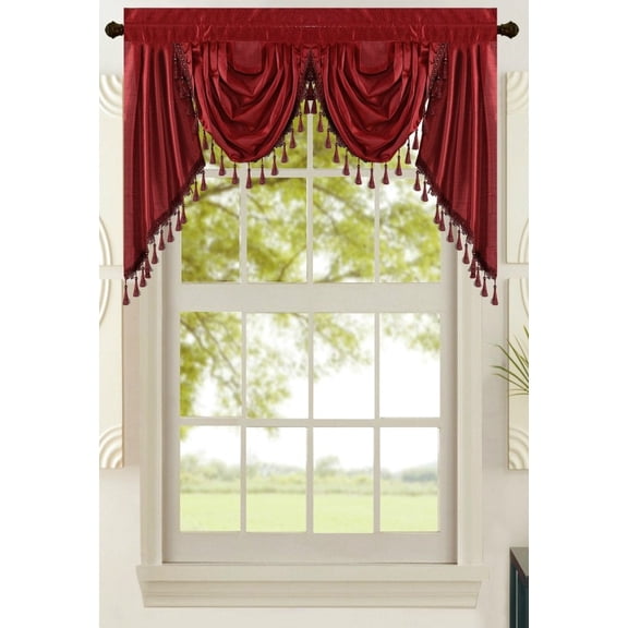 All American Collection New Attached Solid Faux Silk Double Waterfall Valance with Tails