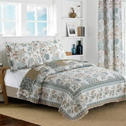 All American Collection New Reversible 3pc Floral Printed Blue/White Bedspread/Quilt Set
