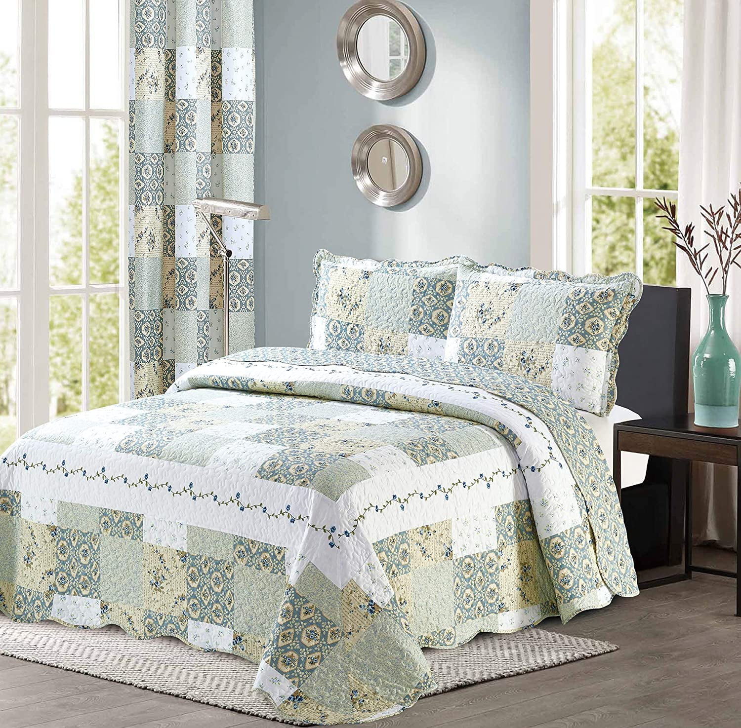 All American Collection New Reversible 3pc Floral Printed Patchwork Blue/Green Bedspread/Quilt Set Matching Curtains Available (King/Cal King Size)