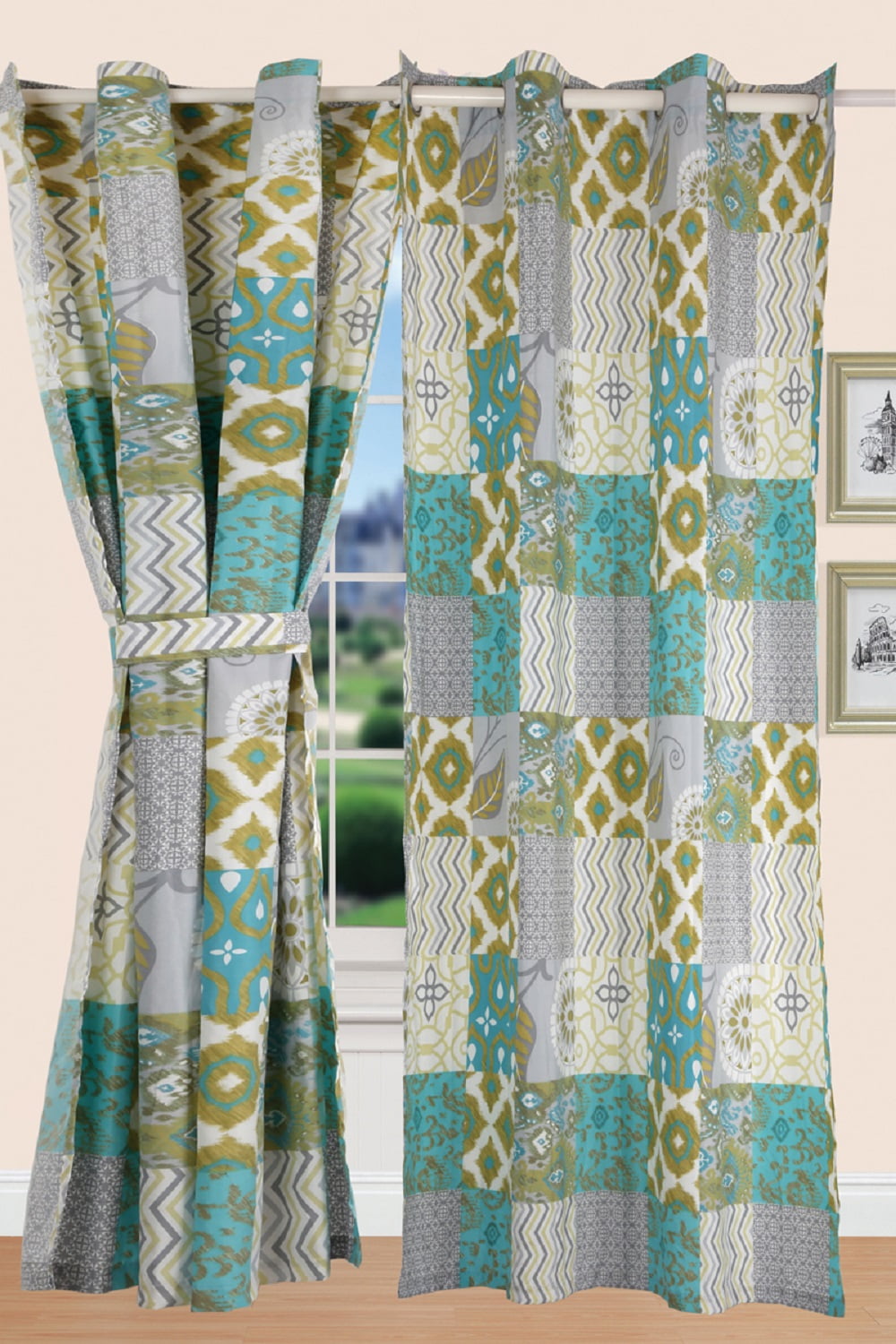 Geometric Multicolor Polyester Blackout Grommet Window Panels