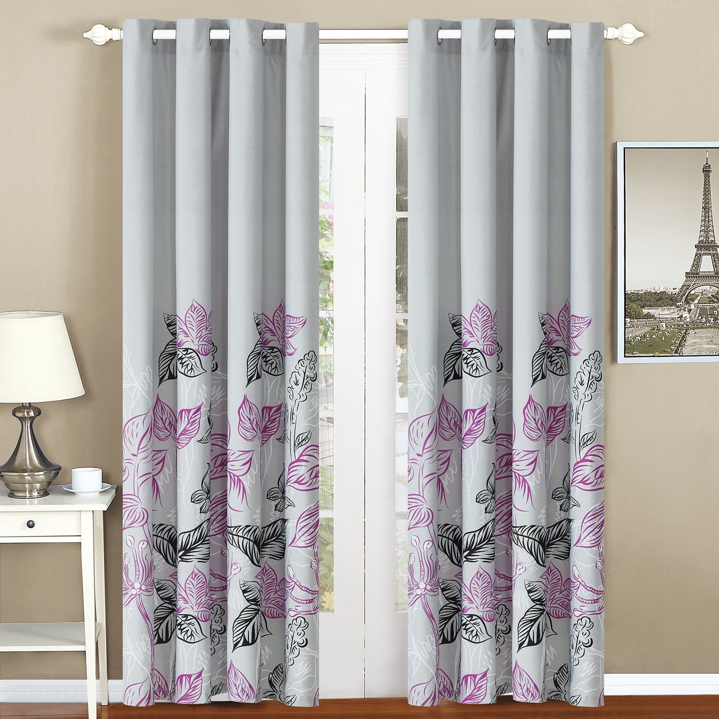 All American Collection Purple Grey Modern Plaid 4Piece Curtain Set