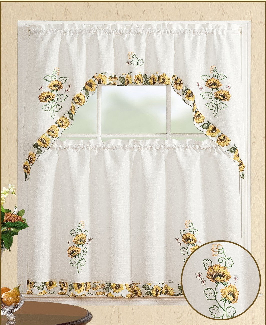 All American Collection Sunflower Rod Pocket Light Filtering Curtains, 60” x 36” (3 Panels)