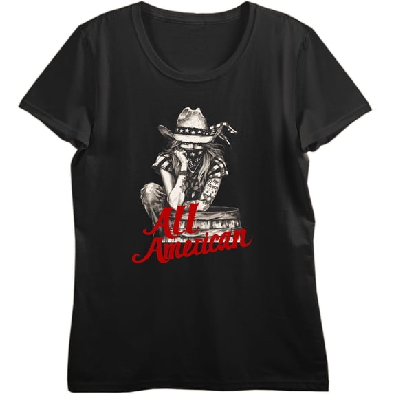 All American Cowgirl Women's Black Crew Neck Short Sleeve Top-XL