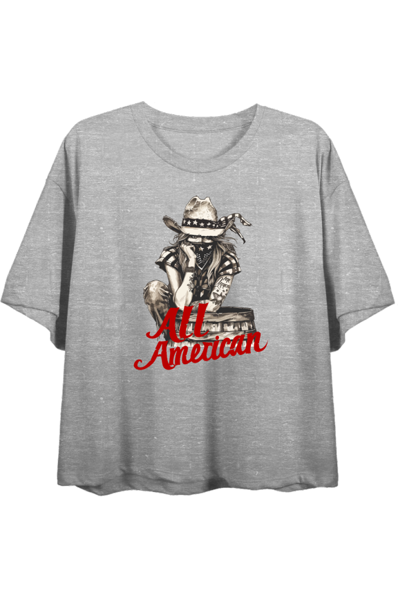 All American Cowgirl Women's Heather Gray Crew Neck Short Sleeve Top-Medium