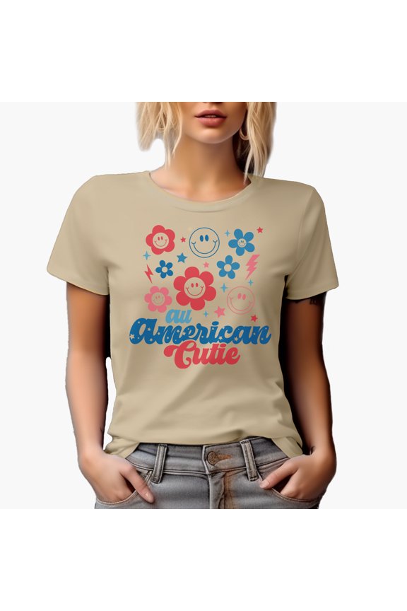 All American Cutie, Retro 4th of July Art Merch Gift, Tan T-Shirt, Small