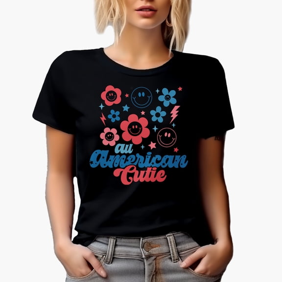 All American Cutie, Retro 4th of July Gift, Black T-Shirt, Small