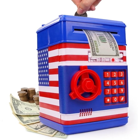 All-American Electronic Piggy Bank for Kids - ATM Kids Money Safe, Coin Bank Savings Box with Auto Bill Feeder Coin Slot, LED Lights, 4-Digit Password, Voice/Beep Modes, Ages 3+