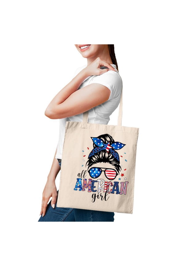 All American Girl Messy Bun Woman Usa Patriotic 4Th Of July Tote Bag