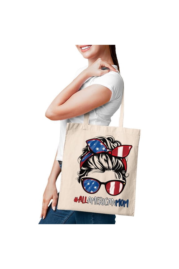 All American Mom 4Th Of July Women Messy Bun Usa Flag Tote Bag