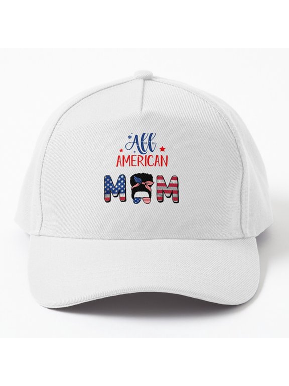 All American Mom Baseball Hat, Fourth of July Afro Messy Bun Design, Classic Cap