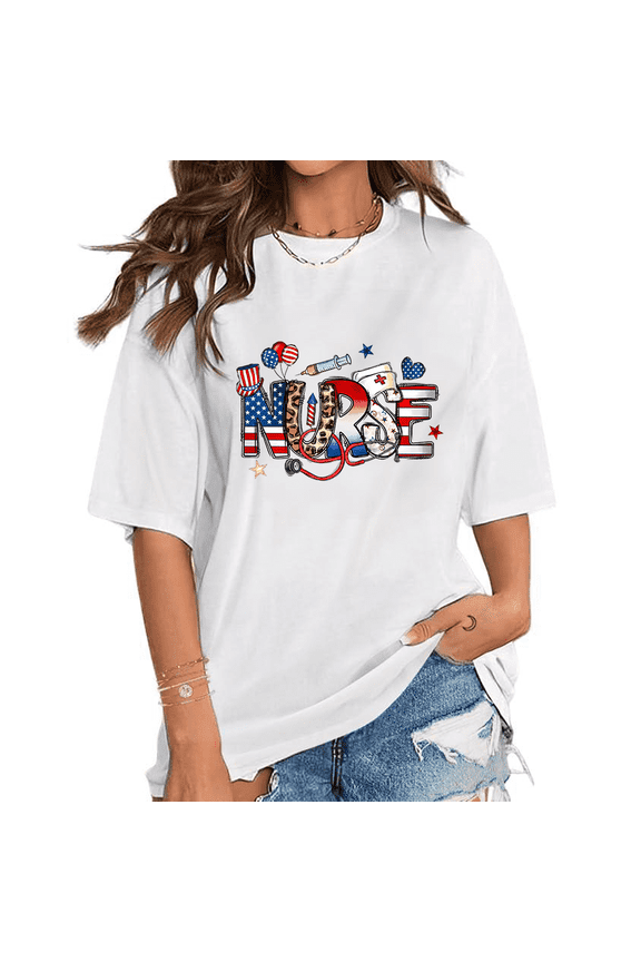 All American Nurse Tshirts 4th of July Nursing Graphic Tees Short Sleeve Casual Registered Nurse Tops Cotton Shirts White,S