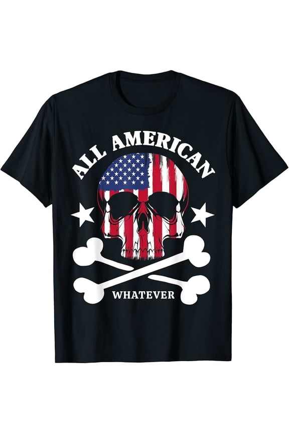 All American Whatever Fun 4th of July USA Flag Pirate Skull T-Shirt for Women Men