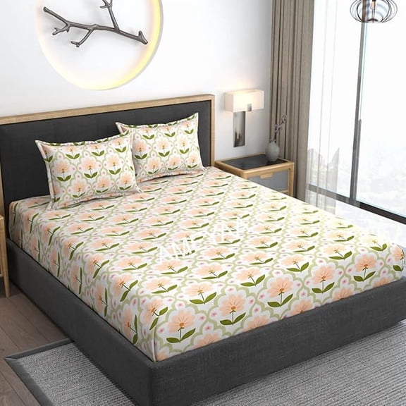 All Around Elastic Fitted Cotton Bedsheets King Size With 2 Pillow Covers - Size 78 X 72 X 10 Inches, Orange | Premium Printed Fitted Double Bedsheet