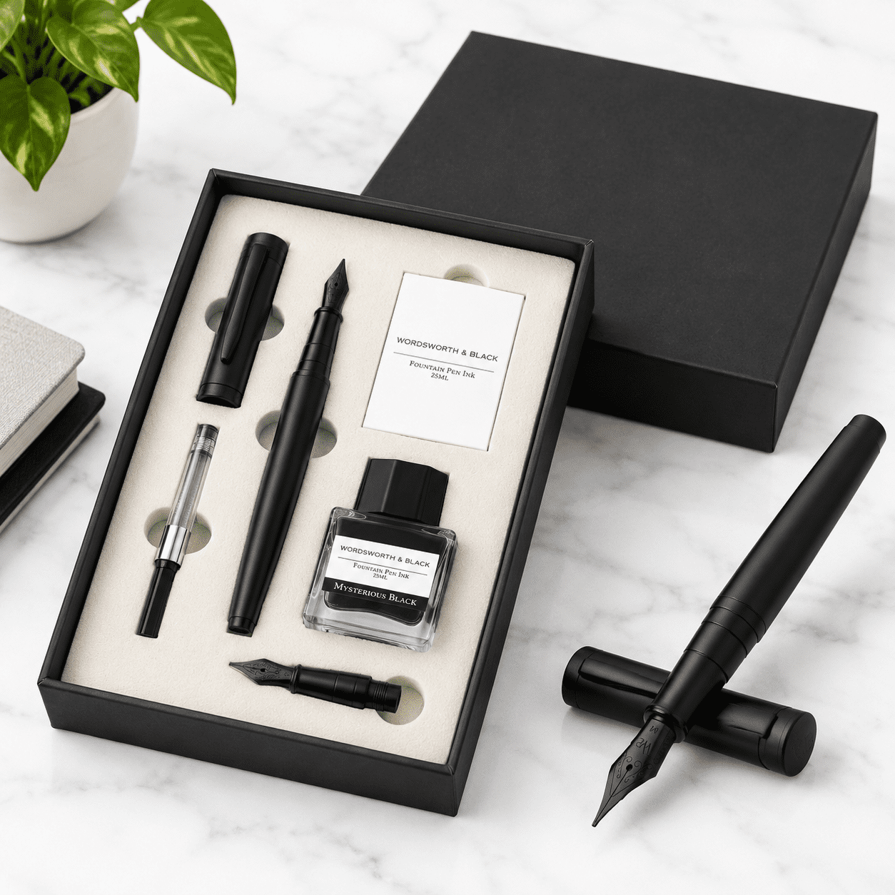 Fine Composing All Black Fountain Pen Gift Set with Medium & Extra Fine Nibs ...