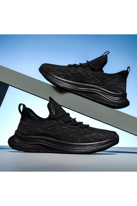 All Black Full Hollow Mesh Lace-Up Wavy Layer Midsole Running Sneakers