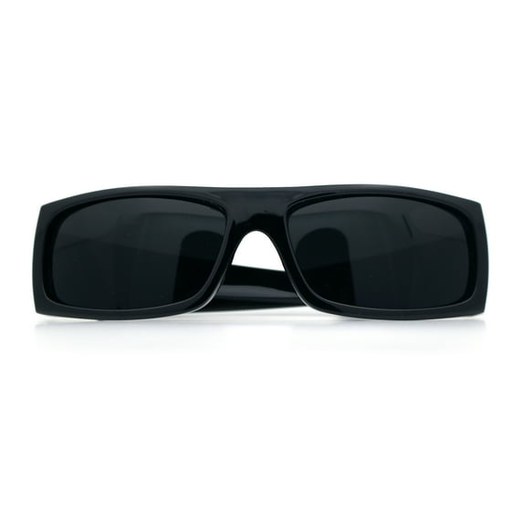 All Black Mens Classic 90s Biker Style Square Rectangle Plastic Sunglasses Shiny Black