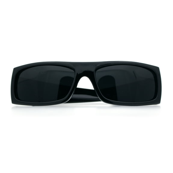 All Black Mens Classic 90s Biker Style Square Rectangle Plastic Sunglasses Shiny Black