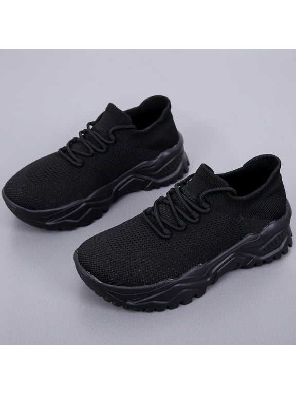 All-Black Mesh Knit Chunky Platform Outdoor Walking Sneakers