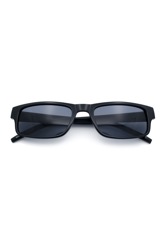 All Black Narrow Rectangular Thin Plastic Mens Minimal Mod Sunglasses