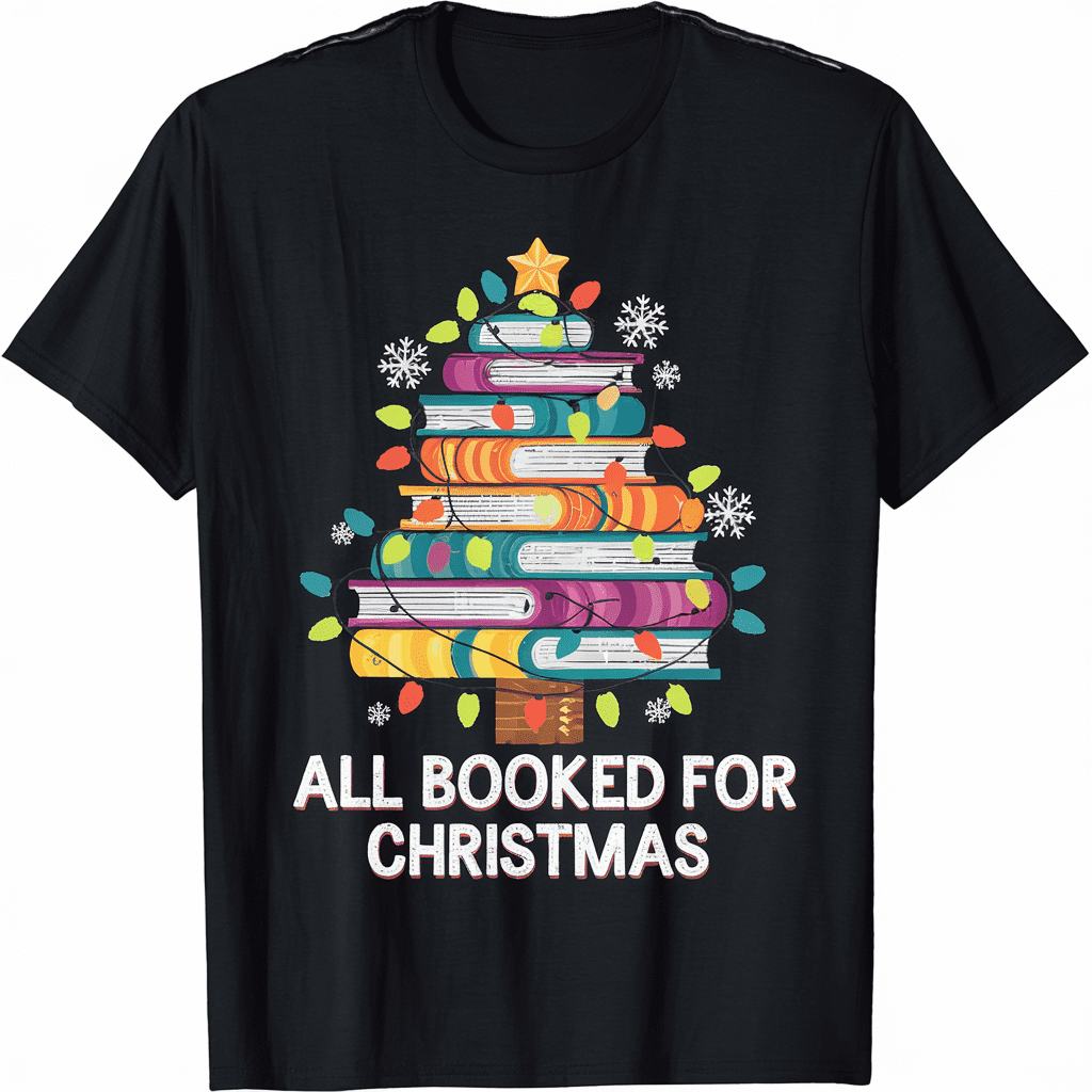 All Booked For Christmas Book Tree Lights Teacher Tee