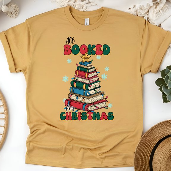 All Booked For Christmas T-Shirt | Colorful Book Tree Holiday Reading Tee, Gold, Size S