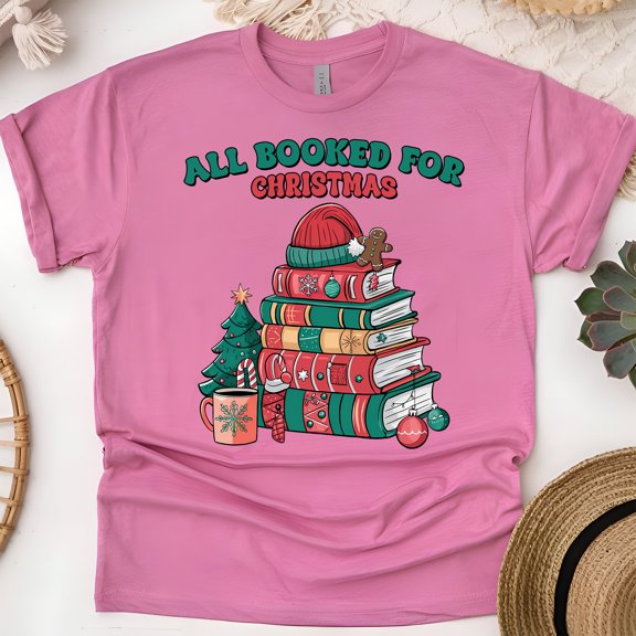 All Booked For Christmas T-Shirt | Cozy Book Lover Holiday Reading Tee, Heliconia, Size 2XL