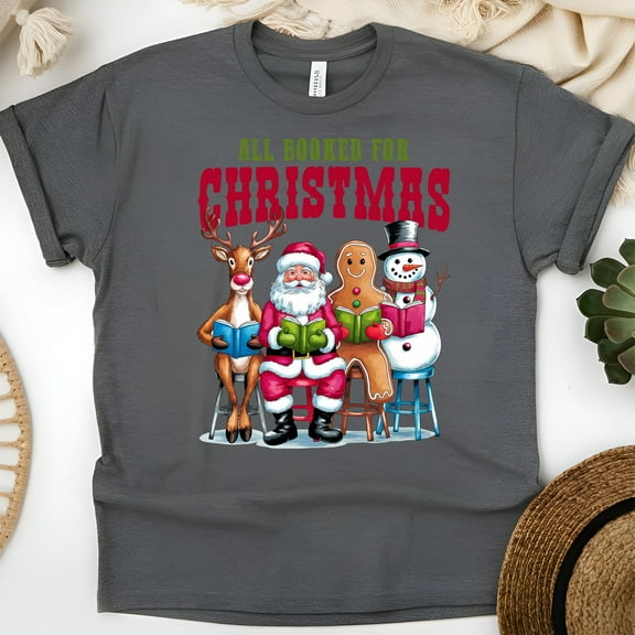 All Booked For Christmas T-Shirt | Santa Reindeer Gingerbread Reading Tee, Dark Heather, Size S