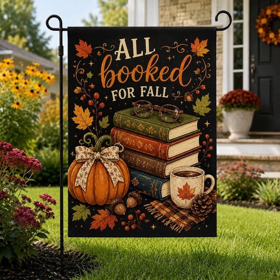 All Booked For Fall Garden Flag, Reading Garden Banner, Book Lover Fall Decor, Pumpkin Autumn Yard Flag, Cozy Reader Gift