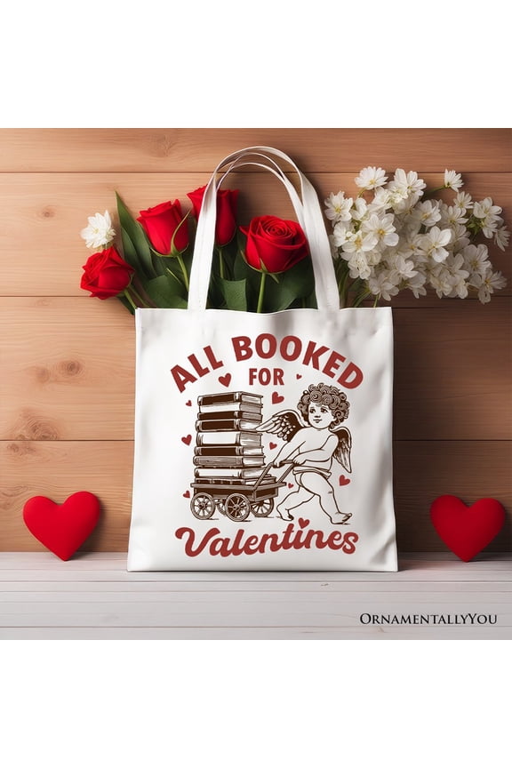 All Booked For Valentines Cupid Canvas Tote Bag, Vintage Funny Bookworm Gift