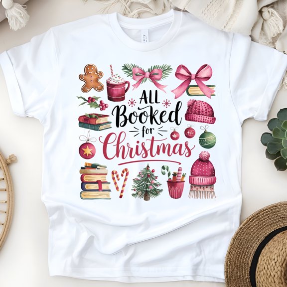 All Booked for Christmas Shirt | Cute Book Lover Holiday Reading Tee, White, Size M