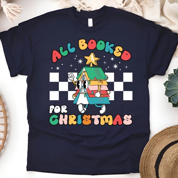 All Booked for Christmas T-Shirt | Cute Book Character Tee | Funny Reading Gift, Navy, Size S