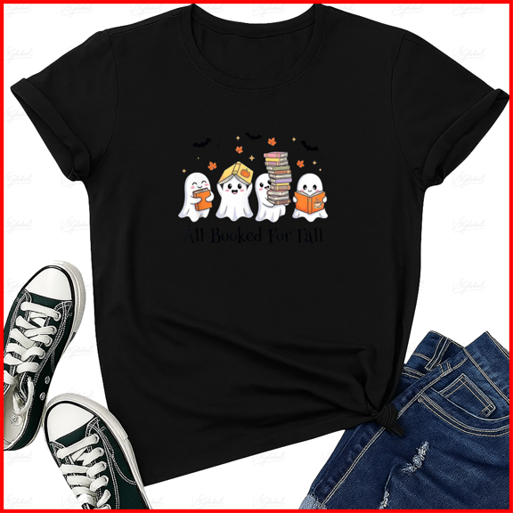 All Booked for Fall Halloween Ghost Humor Book Lover Graphic Unisex T-Shirt,S-5XL