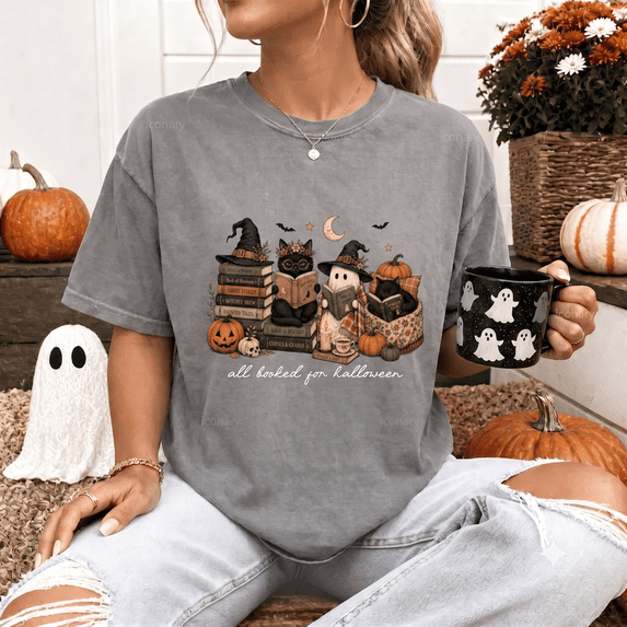 All Booked for Halloween Shirt, Ghost Cat Witch Books Comfort Colors Unisex Graphic Tee - Gray, S
