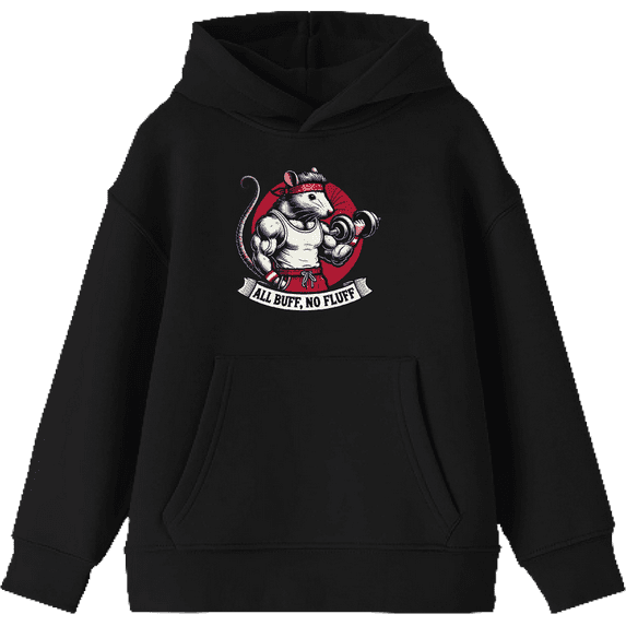 All Buff no Fluff Gym Rat Youth Black Long Sleeve Hoodie-Medium