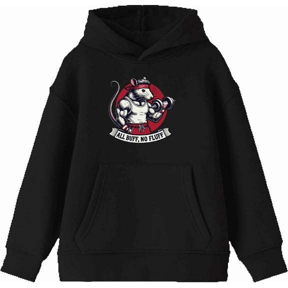 All Buff no Fluff Gym Rat Youth Black Long Sleeve Hoodie-Small
