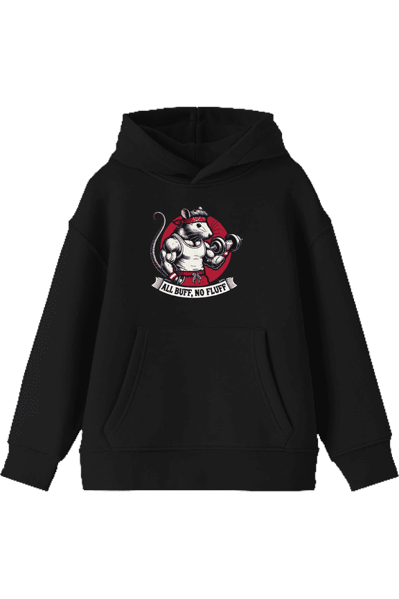 All Buff no Fluff Gym Rat Youth Black Long Sleeve Hoodie-Small