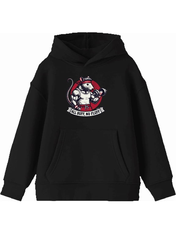 All Buff no Fluff Gym Rat Youth Black Long Sleeve Hoodie-XL