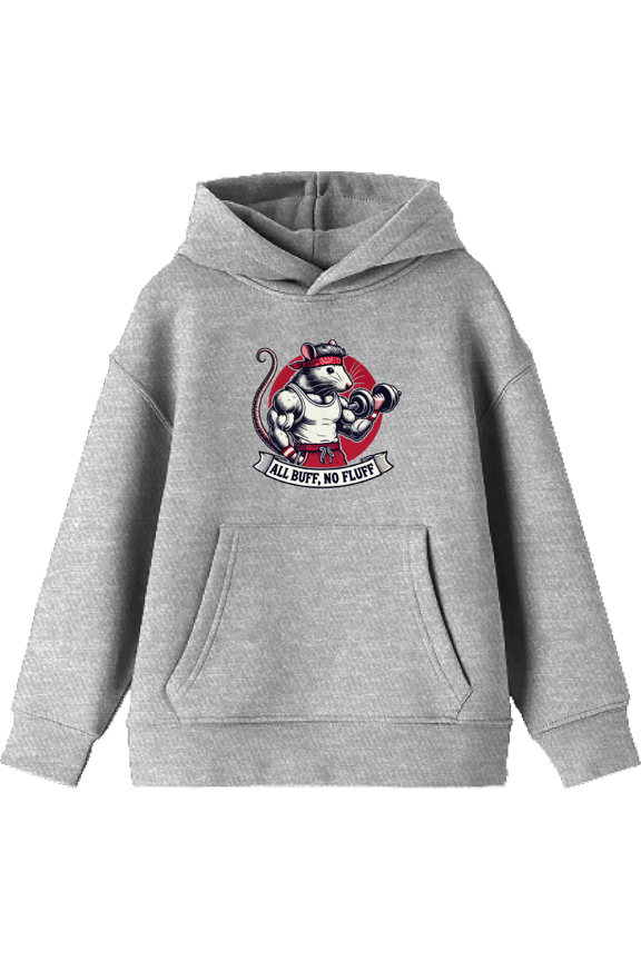 All Buff no Fluff Gym Rat Youth Heather Gray Long Sleeve Hoodie-Large