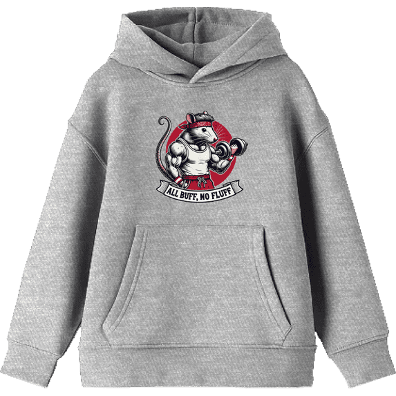 All Buff no Fluff Gym Rat Youth Heather Gray Long Sleeve Hoodie-Medium