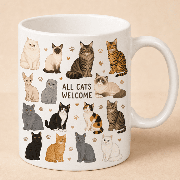 All Cat Breeds Mug Cute Cat Lover 2D Flat Mug Gift for Coffee & Tea