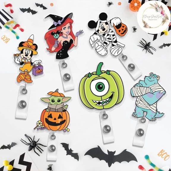 All Characters Disney Halloween Badge Reel, Mickey Minnie Stitch Disney Princess Trick or Treat Family Halloween Retractable ID Badge Holder