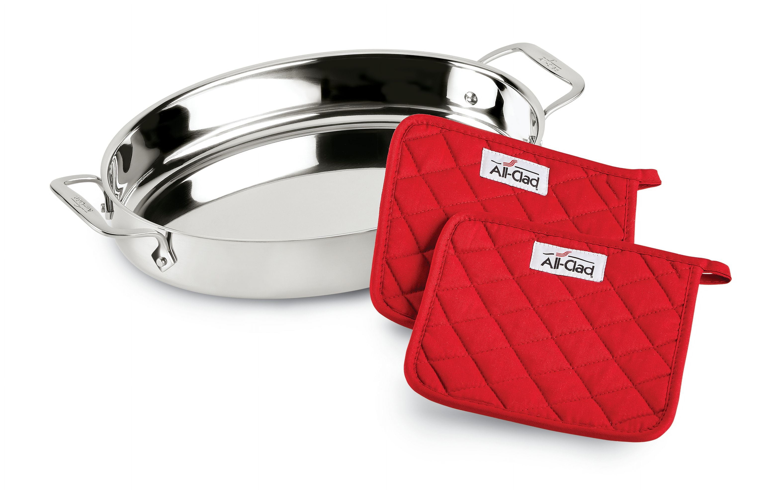 Stainless Steel Oval Baker with Red Pot Holders, 15 inch