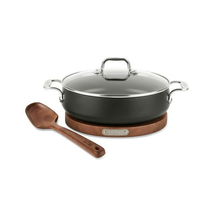 All-Clad HA1 Hard Anodized Nonstick Cookware, Sauteuse with Acacia Wood Trivet & Spoon and Glass Lid, 4 quart