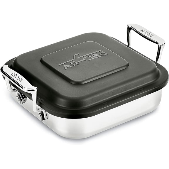 All-Clad Specialty Stainless Steel and Plastic Lid Square Covered Baking Pan 8x8 Inch Oven Broiler Safe 600F Pots and Pans Silver