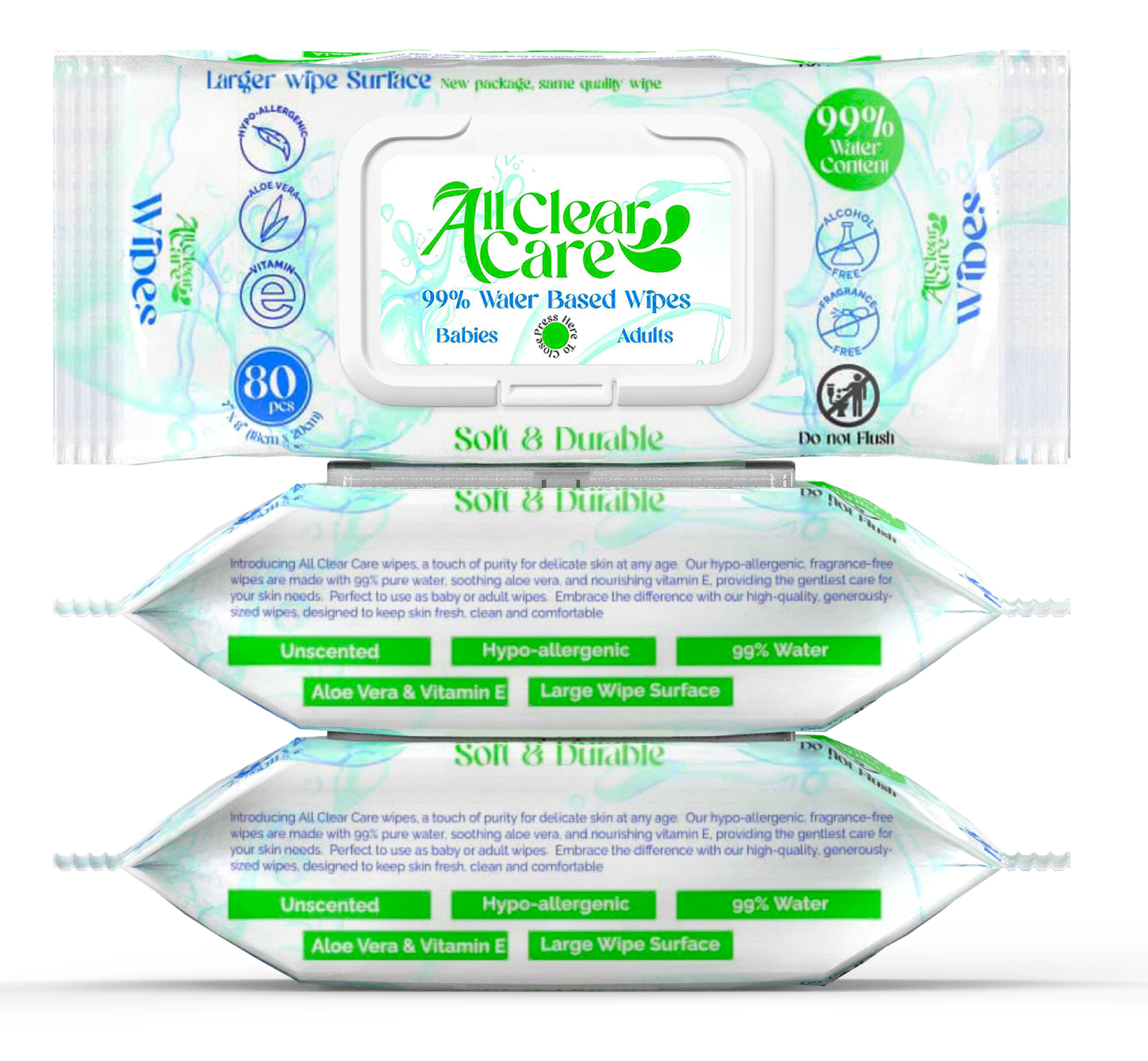 All Clear Care Baby Wipes, Unscented, Large, 99% Water, Gentle & Soft ...