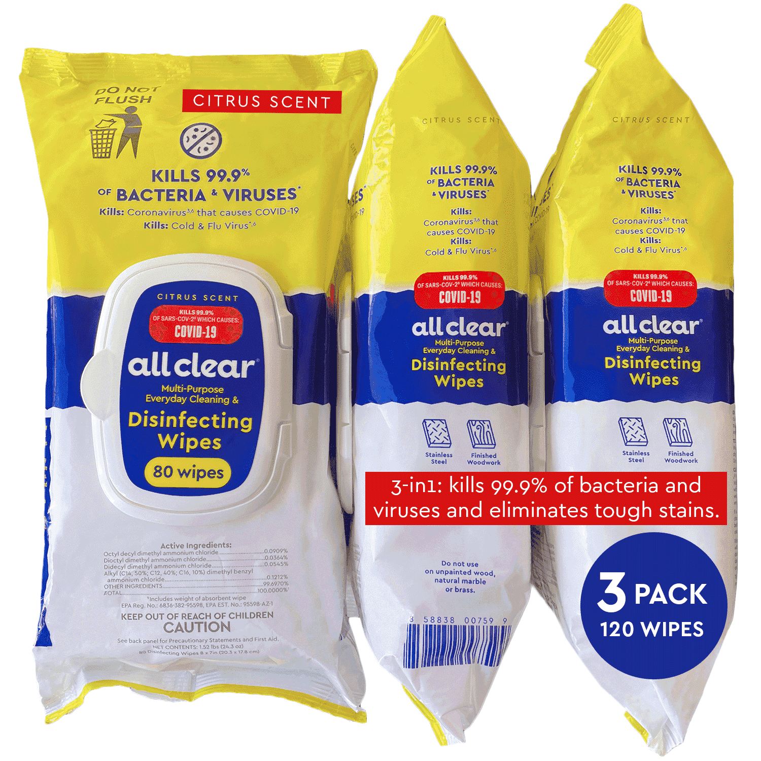 GeSkincare Sheets (Clear Citrus) 200枚セット All Clear Disinfectant Cleaning Wipes, Citrus Scent, 240 Count, 3