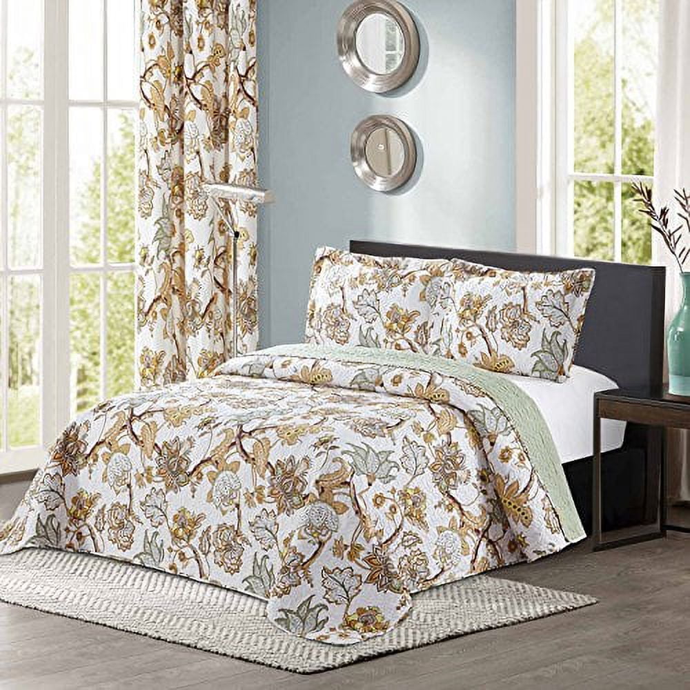 All  Collection 2pc Modern Reversible Floral Home Bedroom Bedspread Coverlet Quilt Set with Matching Curtains Available (Twin Size, Yellow)