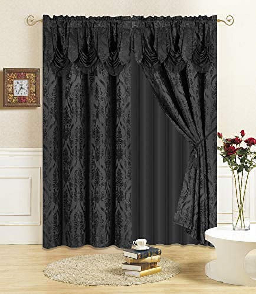 Black Sheer Polyester Rod Pocket Curtain Set with Valance
