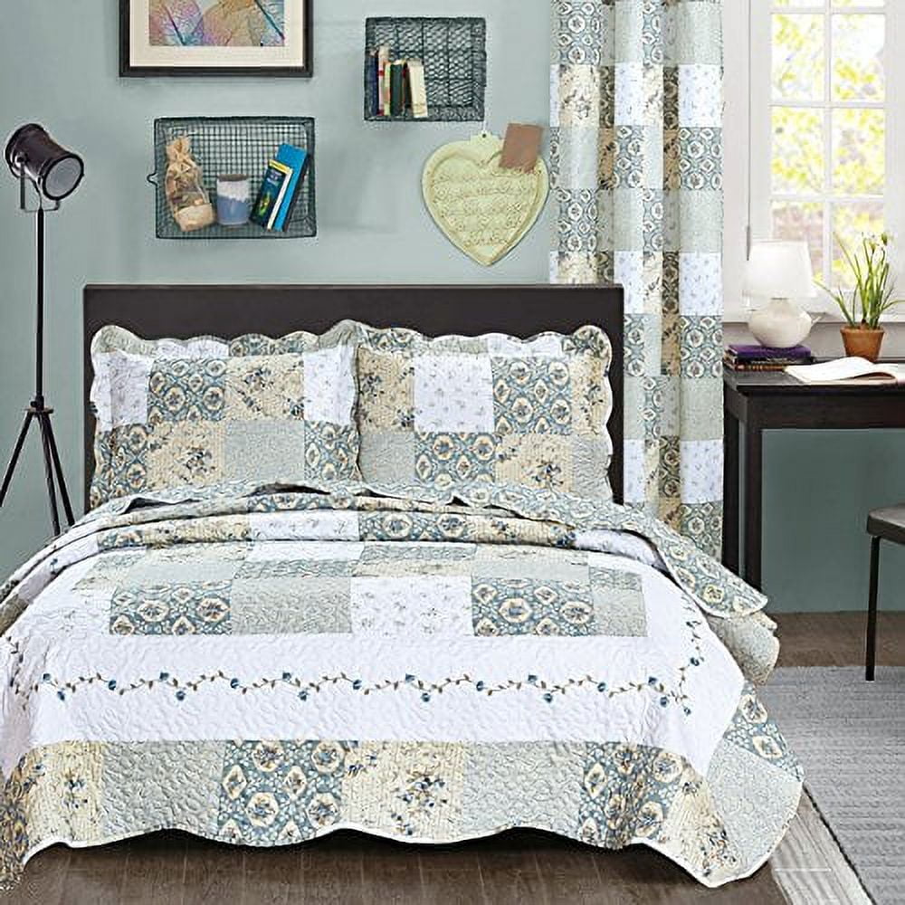 All  Collection New Reversible 3pc Floral Printed Patchwork Blue/Green Bedspread/Quilt Set Matching Curtains Available (King/Cal King Size)